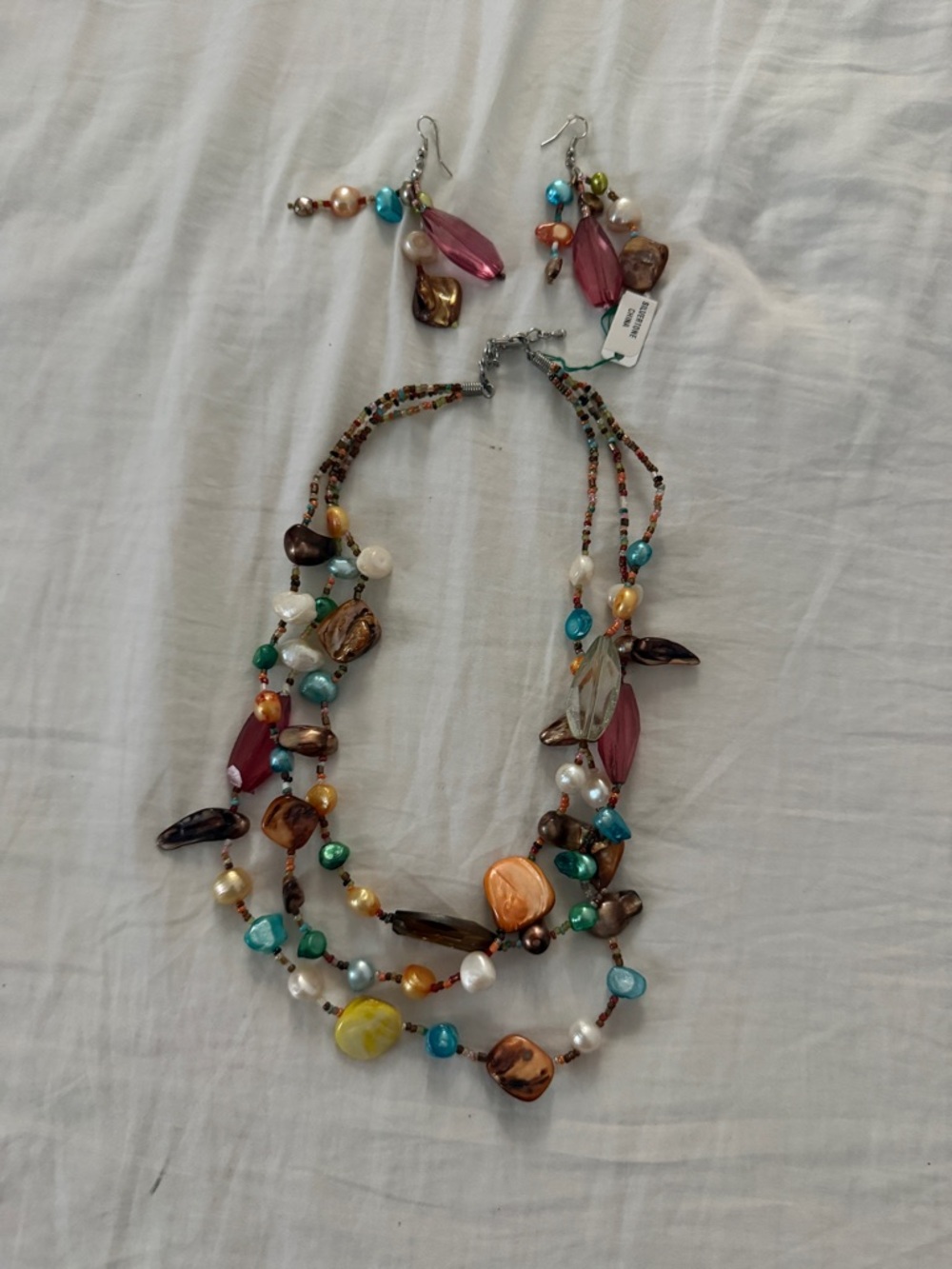 Multicolor Bead & Shell Statement Necklace with Matching Earrings